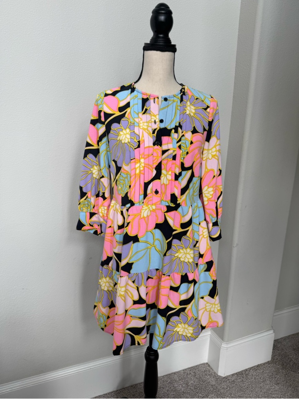 Who What Wear Floral Mini Dress in Black, Yellow, Pink, Lavender & Blue